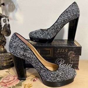 Michael Kors Sabrina Black & White Tweed Patent  Heel Platform Pumps Shoes